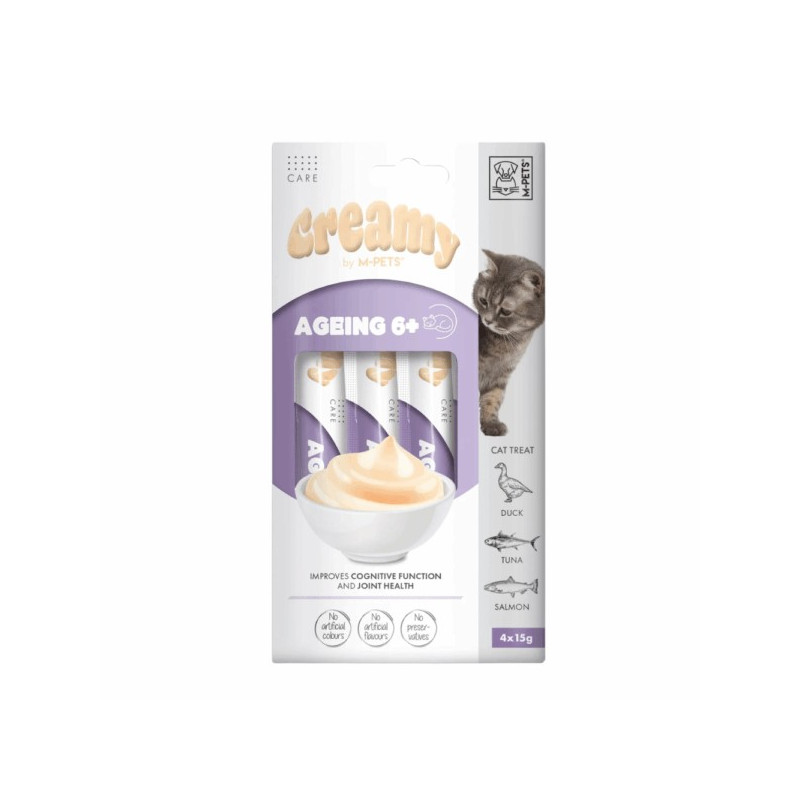 Creamy with Function Snacks Gato Ageing 6+ com Pato, Atum e Salmão 60gr (4x15gr)